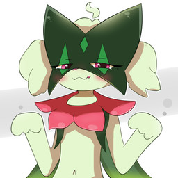 anthro female kemono simple_background smile solo tongue denks nintendo pokemon domestic_cat felid feline felis generation_9_pokemon mammal meowscarada pokemon_(species) absurd_res hi_res