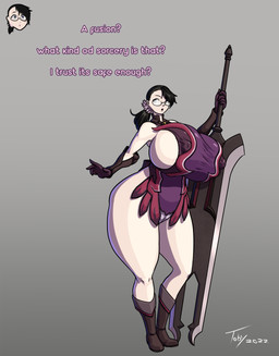 big_breasts big_butt big_nipples big_sword black_hair boots breasts butt clothing female footwear gloves hair handwear huge_breasts human_only mature_female melee_weapon nipples not_furry purple_clothing shoes solo sword thick_thighs weapon wide_hips toby_art queen's_blade cattleya human mammal hi_res