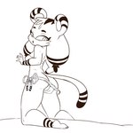 anthro bikini black_stripes breasts butt clothes_falling_off clothing female kneeling looking_back nipple_outline simple_background solo string_bikini stripes swimwear two-piece_swimsuit wardrobe_malfunction white_background scratchdex xingzuo_temple dou_(diives) felid mammal pantherine tiger 1:1 hi_res monochrome