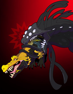 ambiguous/ambiguous ambiguous_gender black_body bodily_fluids claws drooling duo fangs feral imminent_vore in_mouth larger_pred looking_at_another looking_back looking_down looking_up multi_eye neck_bulge open_mouth questionable_consent red_background restrained restrained_by_tentacles saliva scales scary sharp_teeth simple_background size_difference spikes spikes_(anatomy) teeth tendrils tentacle_coil tentacles tentacles_around_body tongue vore white_eyes willing_pred yellow_body yellow_eyes screamer4snacks creatures_of_sonaria roblox alien korathos reptile sarcosiris scalie hi_res