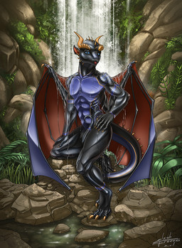 anthro biceps black_body black_skin blue_eyes forest jungle latex male muscular muscular_anthro muscular_male nude plant rock solo tail tongue tree water wet wings slash_freezen mythology eglan dragon mythological_creature mythological_scalie scalie hi_res