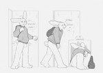 accident accidental_exposure animal_genitalia anthro backpack balls barefoot blush bottomless buckteeth butt clothed clothing covering covering_crotch covering_self doorway embarrassed feet fully_sheathed fur genitals hoodie hoodie_only male partially_clothed paws penis plantigrade public public_nudity sheath short_tail simple_background sitting solo speech_bubble sweater tail teeth text toes topwear topwear_only resrabbutt lagomorph leporid mammal rabbit english_text hi_res