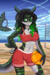 5_fingers anthro beach breasts chain day detailed_background eyewear female fin fin_piercing fingers furgonomics furry-specific_piercing glasses green_eyes hair midriff navel non-mammal_breasts outside piercing sand seaside sky smile solo ketty taree fish marine shark 2017 digital_media_(artwork) shaded