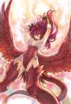 clothing feathered_wings feathers female hair horn legwear monster_girl_(genre) orange_eyes outside ranou red_hair sky solo tail tail_feathers thigh_highs wings unknown_artist shinrabanshou animal_humanoid avian humanoid