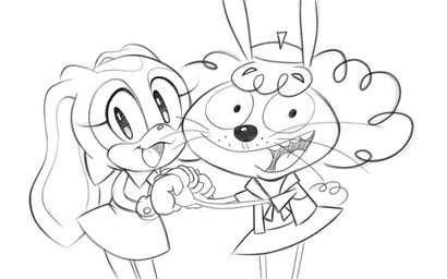 anthro clothed clothing dot_pupils dress duo female floppy_ears fluffy fluffy_hair front_view gloves hair hand_holding handwear hat headgear headwear long_ears looking_at_viewer lop_ears medium_hair mightymetalk9 open_mouth open_smile scut_tail short_tail simple_eyes smile tail teeth whiskers young young_anthro young_female funnismonkis camp_lazlo cartoon_network sega sonic_the_hedgehog_(series) sonic_x amber_(camp_lazlo) cream_the_rabbit lagomorph leporid mammal rabbit crossover monochrome sketch