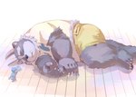 anthro belly bottomwear clothing fluffy fur grey_body grey_fur lying male on_side overweight shirt shorts sleeping slime solo t-shirt topwear tusks inutora08 lifewonders tokyo_afterschool_summoners tsathoggua_(tas) goo_creature