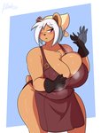 anthro apron big_breasts blush bodily_fluids breasts brown_body brown_fur chest_tuft cleavage clothed clothing female fur hair huge_breasts one_eye_closed solo sweat tuft white_hair jwinkz miris_ursajor bear mammal 2020 story story_in_description