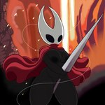 anthro black_body breasts cape clothing female holding_object holding_weapon lava nipples solo string thick_thighs weapon poraka7 hollow_knight team_cherry hornet_(hollow_knight) arthropod insect