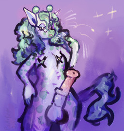 animal_genitalia animal_penis anthro balls covered_nipples equine_genitalia equine_penis erection eyelashes eyewear fur genitals glasses gradient_penis green_hair green_markings hair male markings navel nude open_mouth penis pink_penis purple_background round_glasses simple_background solo tail text wearing_glasses white_body white_fur pinatareaper equid equine giraffe giraffid mammal colored digital_media_(artwork) english_text hi_res