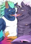 abs blue_body blue_fur clothing fur green_hair group hair horn male mane mane_hair mohawk muscular muscular_male nipples pecs purple_body purple_fur shirt tail tail_hand tank_top tongue tongue_out topwear unusual_anatomy unusual_tail owatana0 lifewonders tokyo_afterschool_summoners bathym_(tas) nyarlathotep_(tas) canid canine canis demon hyena mammal striped_hyena wolf hi_res