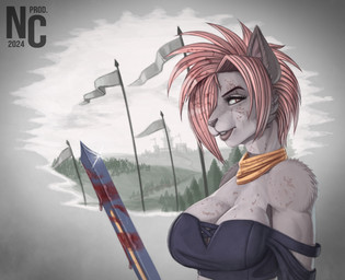 anthro blood bodily_fluids breasts day female flag flag_(object) hair melee_weapon outside pink_hair plant smile solo sword tree weapon ncproductions teea_(sweepslickart) domestic_cat felid feline felis mammal 2024 digital_media_(artwork) hi_res