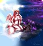 :3 animal_genitalia anthro balls big_breasts big_eyes black_body black_fur blush breasts cloud day duo erect_nipples evil_look female fur genitals gynomorph hair halo horn inner_ear_fluff intersex kneeling long_hair long_tail lying moon night nipples nude on_side penis pink_eyes pink_hair pink_nipples pink_nose pink_penis purple_eyes purple_hair sky star sun tail tuft white_body white_fur wings cali_pona artemis_tsukino simetra_kuro angel demon domestic_cat felid feline felis mammal absurd_res hi_res