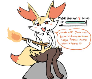 3_fingers 3_toes :3 anthro biped blush blush_lines boulder brown_body brown_fur digitigrade dipstick_tail elemental_manipulation eyelashes feet female female_anthro fingers fire fire_manipulation front_view fur gameplay_mechanics heart_symbol holding_object holding_stick inner_ear_fluff insult insulting_viewer legs_together looking_at_viewer markings mesugaki multicolored_body multicolored_fur nude nude_anthro nude_female open_:3 orange_body orange_eyes orange_fur orange_inner_ear_fluff orange_nose orange_tail_tip pointy_ears prick_ears rock simple_background sitting smug solo speech_bubble stick tail tail_markings text toes tuft two_tone_tail white_background white_body white_fur yellow_body yellow_fur yellow_tail furumi92 nintendo pokemon braixen canid generation_6_pokemon mammal pokemon_(species) 2026 absurd_res colored colored_sketch digital_drawing_(artwork) digital_media_(artwork) english_text flat_colors hi_res sketch