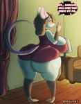 anthro aroused_face aroused_smile big_butt brown_body brown_fur butt clothing dialogue dress female fur furniture heart_symbol looking_back rat_tail seductive slightly_chubby solo tail text thick_thighs white_body white_fur wide_hips pekisart mammal mouse murid murine rat rodent colored english_text hi_res