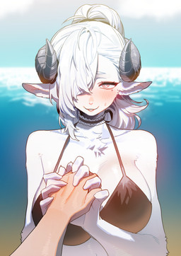 2_horns ambiguous_gender anthro beach bikini biped blush breasts choker clothing disembodied_hand duo female female/ambiguous female_focus first_person_view fur hair hair_bun hair_over_eye hand_grab hand_holding horn interlocked_fingers jewelry looking_at_viewer necklace one_eye_obstructed outside sea smile solo_focus swimwear two-piece_swimsuit water white_body white_fur white_hair goatdraw sani_yang's_laboratory sani_yang animal_humanoid bovid caprine humanoid mammal sheep absurd_res hi_res