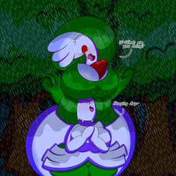 big_breasts big_butt blush boob_hat bottomwear breasts butt cleavage clothed clothing curvy_figure detailed_background dialogue duo eyelashes eyes_closed female fingers green_body green_hair green_skin hair hair_over_eye hourglass_figure huge_breasts huge_butt larger_female mitten_hands multicolored_body multicolored_skin not_furry one_eye_obstructed outline outside raining red_eyes shortstack shortstack_female size_difference skirt small_waist smaller_female smile standing text thick_thighs tongue two_tone_body two_tone_skin water wet white_body white_skin wide_hips 3barts nintendo pokemon gardevoir generation_3_pokemon kirlia pokemon_(species) 1:1 2020 absurd_res digital_media_(artwork) english_text hi_res