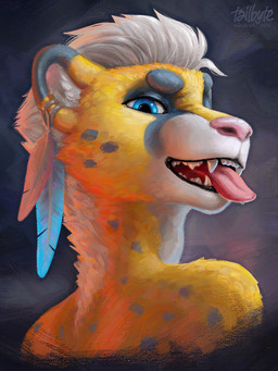 accessory anthro blue_eyes bodily_fluids ear_piercing ear_ring ear_tuft fur hair looking_at_viewer looking_back looking_back_at_viewer male markings open_mouth piercing ring_piercing saliva saliva_on_tongue simple_background smile smiling_at_viewer smirk smirking_at_viewer solo spots spotted_body teeth tongue tongue_out tuft tailbyte taily_(tailbyte) cheetah felid feline mammal 3:4 absurd_res digital_media_(artwork) digital_painting_(artwork) hi_res painting_(artwork) shaded signature