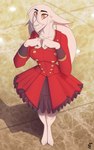 anthro bare_legs clothing curvy_figure dress female floppy_ears frilly frilly_clothing fur hair hair_over_eye hourglass_figure lop_ears pose red_clothing red_dress solo white_body white_fur hiverdose last_fables eni_siverets_(last_fables) hare lagomorph leporid mammal hi_res