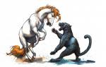 ambiguous_gender angry blue_eyes claws duo fangs feral hooves open_mouth orange_eyes teeth kenket carolina_panthers denver_broncos nfl equid equine felid horse mammal hi_res painting_(artwork) traditional_media_(artwork) watercolor_(artwork)