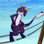 3_fingers 3_toes ambiguous_gender anthro cable electricity feet fingers fur horn navel purple_body solo tail toes white_body white_fur yellow_eyes arturfox mammal unknown_species 1:1 hi_res