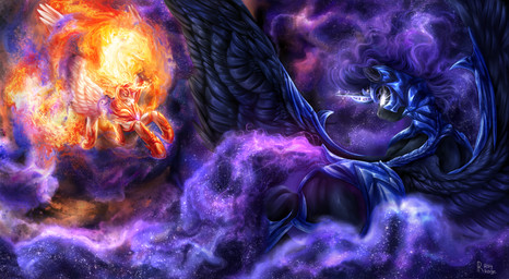 armor blue_body blue_fur blue_helmet blue_wings clenched_teeth clothed clothed_female clothed_feral clothing cloud duo empty_eyes ethereal_hair ethereal_mane ethereal_tail eye_contact eyebrows feathered_wings feathers female female_feral feral fight fire flaming_eyebrows flaming_hair flaming_mane flaming_tail flying frowning_at_another fur furrowed_eyebrows gem glowing glowing_eyes horn light looking_at_another magic magic_user mane orange_eyebrows orange_eyes orange_helmet orange_mane orange_tail outside peytral pseudo_hair pseudo_mane purple_mane purple_tail quadruped sabatons tail teeth text unicorn_horn white_body white_fur white_wings wings rayrage friendship_is_magic hasbro my_little_pony mythology daybreaker_(mlp) nightmare_moon_(mlp) equid equine mammal mythological_creature mythological_equine winged_unicorn 2021 artist_name colored detailed digital_media_(artwork) digital_painting_(artwork) english_text hi_res lighting painting_(artwork) russian_description shaded sibling_(lore) sister_(lore) sisters_(lore)