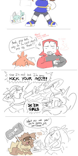 anthro big_breasts big_forehead bodily_fluids breasts dialogue female freckles gesture group gym_badge hammer hand_gesture holding_hammer holding_object holding_tool interrupted male pokemon_battle sledgehammer speed_lines tears text thumbs_up tools elpatrixf nintendo pokemon team_magma marina_bay_(elpatrixf) maxie_(pokemon) may_(pokemon) schumacher_(elpatrixf) zaragoza_(elpatrixf) breloom camerupt generation_3_pokemon mammal marshtomp pokemon_(species) zigzagoon absurd_res comic english_text hi_res