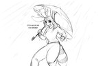 2018 anthro antlers bottomwear breasts clothing dialogue digital_drawing_(artwork) digital_media_(artwork) english_text female hair happy horn hybrid long_hair looking_at_viewer mits_(character) monochrome open_mouth pants raining shirt simple_background smile snout solo tail text topwear umbrella watsup white_background