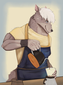 anthro appliance apron beverage blue_clothing blue_eyes clothing coffee fur grey_body grey_fur hair kitchen_appliance male male_anthro shirt smile solo teeth topwear white_hair yellow_clothing furrymammy kaion_(kaionart) dasyurid dasyuromorph mammal marsupial tasmanian_devil absurd_res hi_res