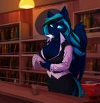 anthro anthrofied bar beverage big_breasts bow_(feature) bow_tie breasts cleavage clothed clothing crotch_lines feathered_wings feathers female hair long_hair looking_at_viewer multicolored_hair solo standing two_tone_hair wings hakkids2 hasbro my_little_pony mythology fan_character midnight_mist equid equine mammal mythological_creature mythological_equine pegasus absurd_res digital_media_(artwork) hi_res shaded