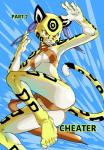 anthro barefoot biped bottomwear breasts cheetah clothed clothing comic daigaijin ear_piercing english_text feet felid feline female furryfight_chronicles grin hi_res loincloth looking_at_viewer mammal nyarai_(furryfight_chronicles) piercing smile solo teeth text