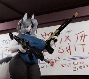 aged_up anthro bad_trigger_discipline big_breasts blue_clothing blue_sweater blue_topwear bottomwear breasts bullpup clothed clothed_anthro clothed_female clothing dry_erase_board dual_wielding ear_piercing ear_ring female fur gem grey_body grey_fur grey_hair gun hair holding_gun holding_object holding_ranged_weapon holding_rifle holding_weapon hoop_ear_ring inner_ear_fluff inside jewelry mature_anthro mature_female multicolored_body multicolored_fur necklace pants pearl_(gem) pearl_necklace piercing ranged_weapon red_sclera rifle ring_piercing solo standing sweater tail thick_thighs topwear tuft two_tone_body two_tone_fur weapon white_body white_eyes white_fur whiteboard wide_hips nikto_ghost dogzeela_(modeler) hellaverse helluva_boss mythology loona_(helluva_boss) canid canid_demon canine demon hellhound mammal mythological_canine mythological_creature 2025 3d_(artwork) absurd_res digital_media_(artwork) hi_res