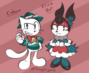 1920s_theme anthro bell bottomless bow_tie christmas_clothing christmas_sweater christmas_topwear clothed clothing duo eyeshadow female holidays looking_at_viewer makeup male male/female mistletoe plant red_bow_tie red_eyeshadow sweater text topwear topwear_only toonycryptid christmas catoon_(toonycryptid) eliza_(toonycryptid) bat domestic_cat felid feline felis mammal artist_name character_name digital_drawing_(artwork) digital_media_(artwork) signature