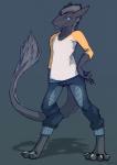 anthro barefoot biped black_body black_fur blue_eyes bottomwear clothed clothing digitigrade feet fur hand_on_hip looking_at_viewer male pants shadow shirt simple_background smile smirk smug solo tail topwear dovne askareth sergal hi_res