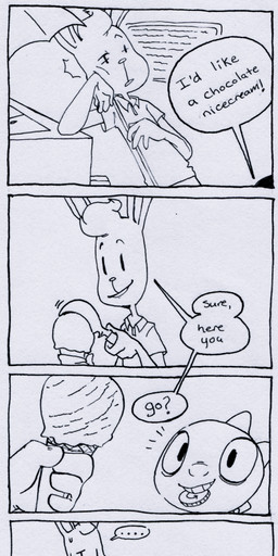 anthro armless barefoot blush bodily_fluids bottomwear breath clothed clothing coin confusion dessert dialogue duo ellipsis exclamation_point eyes_closed feet food happy humor ice_cream male pants question_mark shirt sitting sleeping smile sweat text topwear young briskby undertale undertale_(series) monster_kid nicecream_man lagomorph leporid mammal monster rabbit reptile scalie 2015 comic english_text hi_res monochrome source_request