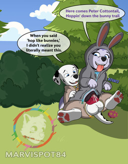 anatomically_correct anatomically_correct_genitalia anatomically_correct_penis anatomically_correct_vulva animal_genitalia animal_penis animal_vulva anus balls blue_eyes bodily_fluids bouncing_penis bunny_costume canine_genitalia canine_penis canine_vulva clothing collar costume dripping duo easter_egg ejaculation female feral feral_on_feral forest_background fur genital_fluids genitals holidays knot knotted_penis looking_at_another looking_at_partner looking_down looking_down_at_genitalia male on_bottom on_top partners paws penetration penis purple_body purple_fur reverse_cowgirl_position sex sitting speech_bubble text tongue tongue_out toony vaginal vaginal_fluid_drip vaginal_fluids vaginal_juice_on_penis vaginal_penetration vaginal_squirting vulva wet wet_balls wet_penis white_body white_fur young marvispot84 easter nickelodeon paw_patrol easter_bunny everest_(paw_patrol) marshall_(paw_patrol) canid canine canis dalmatian domestic_dog husky mammal nordic_sled_dog siberian_husky spitz absurd_res cel_shading english_text hi_res shaded