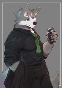 anthro big_muscles biped black_bottomwear black_clothing black_dress_shirt black_pants blue_eyes bottomwear bow_tie can clothing container electronics fur green_bow_tie grey_body grey_fur holding_can holding_container holding_object kemono male muscular muscular_anthro muscular_male pants solo white_body white_fur asleepchef canid canine canis mammal wolf absurd_res hi_res