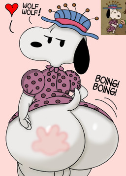 anthro big_butt butt clothed clothing collar crossdressing femboy huge_butt maid_uniform male solo uniform unknown_artist peanuts_(comic) snoopy beagle canid canine canis domestic_dog hunting_dog mammal scent_hound