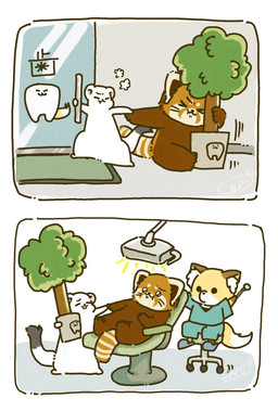 angry biped brown_body chibi clothing dentist duo eyes_closed feral group shirt text topwear shi_nominmin ailurid canid canine fox mammal mustelid musteline red_panda stoat true_musteline weasel 2023 comic hi_res translated