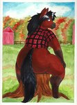 anthro barn border bottomless butt clothed clothing cloud female fence gloves_(marking) grey_hooves hooves leg_markings markings outside plant shirt socks_(marking) solo tail topwear topwear_only tree tree_stump white_border bigladydragon equid equine horse mammal 2019