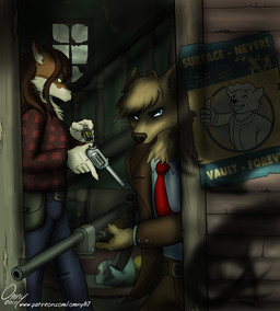 anthro brown_hair female group gun hair handgun male poster ranged_weapon revolver rifle weapon omny87 fallout microsoft canid canine canis coyote deathclaw mammal scalie wolf