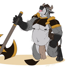 anthro armor axe balls barely_visible_balls barely_visible_genitalia belly big_belly bottomwear bulge clothing genitals horn loincloth looking_at_viewer male melee_weapon muscular muscular_anthro muscular_male smile solo tongue tongue_out wardrobe_malfunction weapon kenjin bovid bovine cattle mammal hi_res