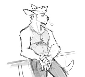 anthro bottomwear chin_tuft clothed clothing ears_back facial_tuft front_view hair jewelry male male_anthro mouth_closed narrowed_eyes necklace pants pivoted_ears short_hair solo standing tired topwear tuft solaxe_(artist) solaxe kangaroo macropod mammal marsupial hi_res monochrome sketch