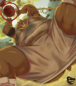 anthro ball basketball basketball_(ball) bodily_fluids bottomwear clothing dirty dirty_clothing male male/male musk obese overweight shirt shorts slightly_chubby solo sweat sweatdrop tank_top topwear wet wet_clothing camcroc goat_(movie) sony_corporation sony_pictures grizz_(goat) bear brown_bear grizzly_bear mammal ursine absurd_res hi_res