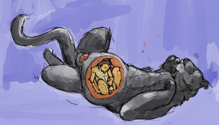 anthro balls black_body black_fur black_tail brown_hair duo erection eyes_closed feral feral_pred fur genitals hair inside_stomach internal larger_feral larger_pred long_tail lying male male/male male_pred masturbation nude_feral on_back orange_body orange_fur penis purple_background simple_background size_difference smile spread_legs spreading tail tan_body tan_fur vore willing_pred jeri_kleinlowe domestic_cat felid feline felis mammal pantherine 2012 colored guide_lines