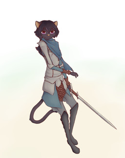 anthro armor black_body black_fur black_hair boots clothed clothed_female clothing female footwear fur hair long_hair melee_weapon pink_nose purple_eyes shoes solo sword tail weapon whiskers cdt2s snowflake_(cdt2s) domestic_cat felid feline felis mammal hi_res