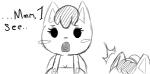 2017 animal_crossing anthro apron blush breasts cleavage clothed clothing dialogue domestic_cat duo english_text eyelashes eyeshadow felid feline felis female fur hair hat headgear headwear kaitlin_(animal_crossing) katie_(animal_crossing) lipstick makeup mammal monochrome nintendo open_mouth roy_mccloud simple_background solo_focus text white_background