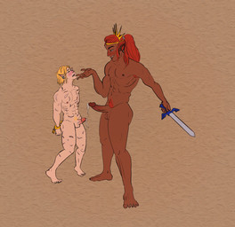 athletic balls bdsm blush bodily_fluids body_hair bondage bound butt chain chained crown cum dark_body dark_skin duo genital_fluids genitals hair headgear humanoid_genitalia humanoid_penis long_hair male male/male muscular nude orgasm penis sex standing phiarts nintendo the_legend_of_zelda ganondorf link gerudo humanoid hylian mammal hi_res portrait