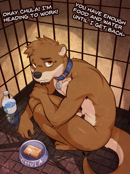 armpit_hair bdsm body_hair bottle bowl cage collar container eye_bags facial_hair goatee humiliation in_cage male nude offscreen_character pet_bowl petplay pubes roleplay sad solo text water_bottle ventkazemaru echo_(game) echo_(series) echo_project chase_hunter asian_small-clawed_otter mammal mustelid otter 2025 dated digital_media_(artwork) english_text hi_res signature