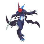 anthro black_clothing blue_body claws clothing cosplay crop_top katana male mask melee_weapon midriff ninja red_eyes shirt solo sword topwear warrior weapon notaventura bandai_namco digimon digimon_(species) flamedramon fumamon scalie 1:1 absurd_res hi_res