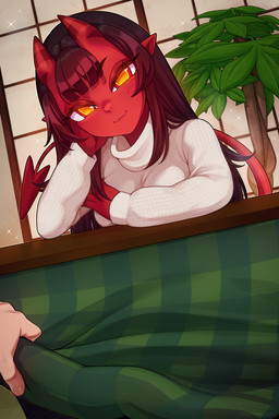 blush blush_lines clothed clothing duo eyelashes female freckled_face freckles furniture hair horn humanoid_pointy_ears kotatsu long_eyelashes not_furry plant pointy_ears red_body red_skin spade_tail table tail merunyaa meru_(merunyaa) demon demon_humanoid horned_humanoid humanoid 2:3 hi_res